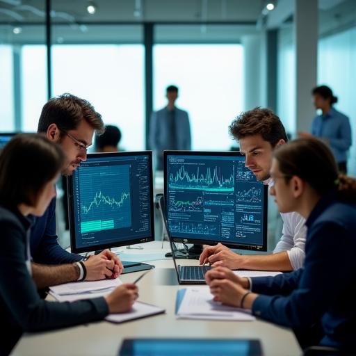 Professional team working in a London tech hub with data screens